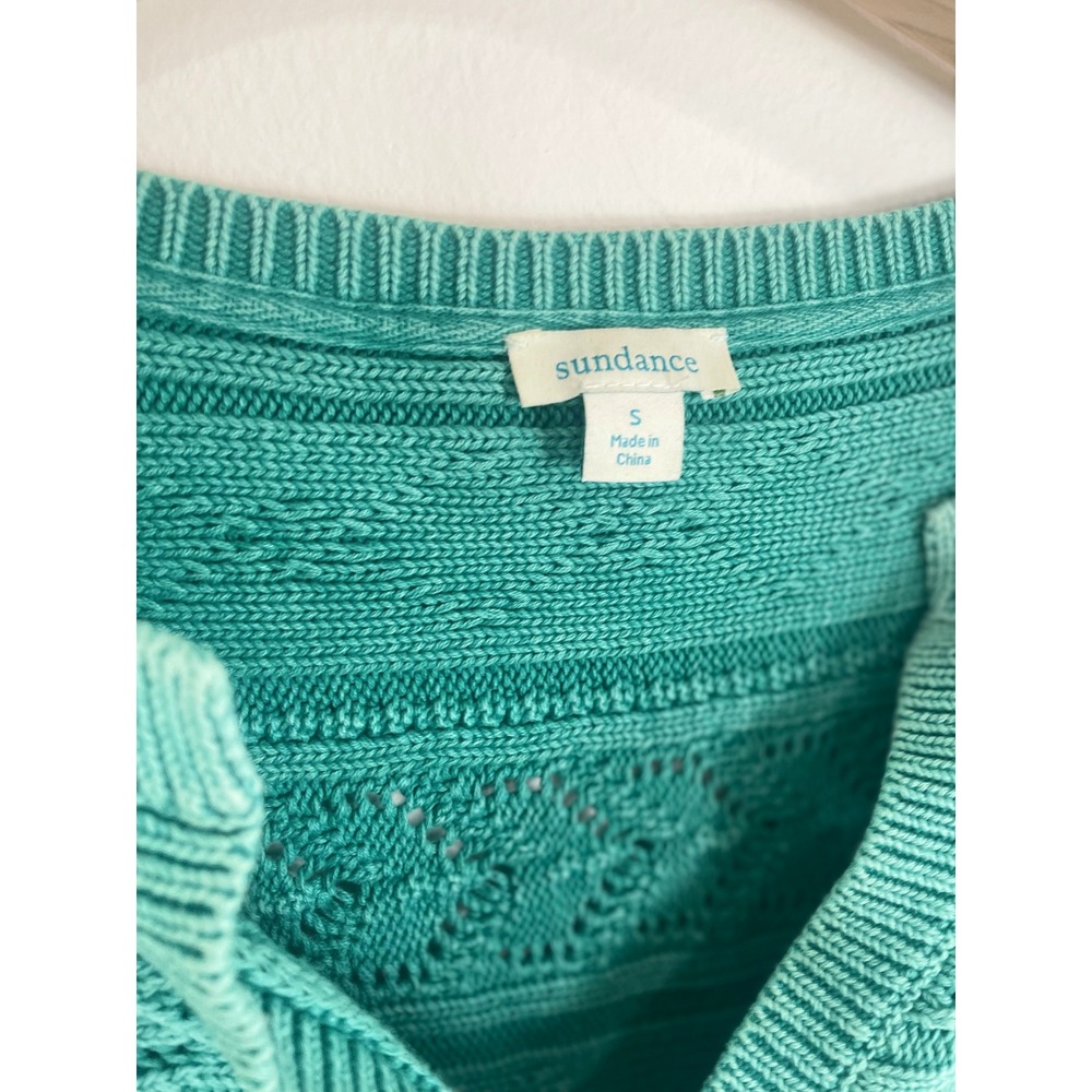Sundance Womens Teal Green Pointelle Cable Knit Split V-Neck Cotton Sweater S - Picture 3 of 6